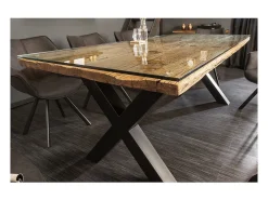 Mesa de comedor RAFTA 220 cm – Tablero de madera maciza de teca y vidrio templado – Patas en X de metal negro