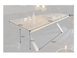 Mesa de comedor RAFTA 220 cm – Tablero de madera maciza de teca y vidrio templado – Patas en X de metal negro