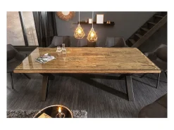 Mesa de comedor RAFTA 220 cm – Tablero de madera maciza de teca y vidrio templado – Patas en X de metal negro