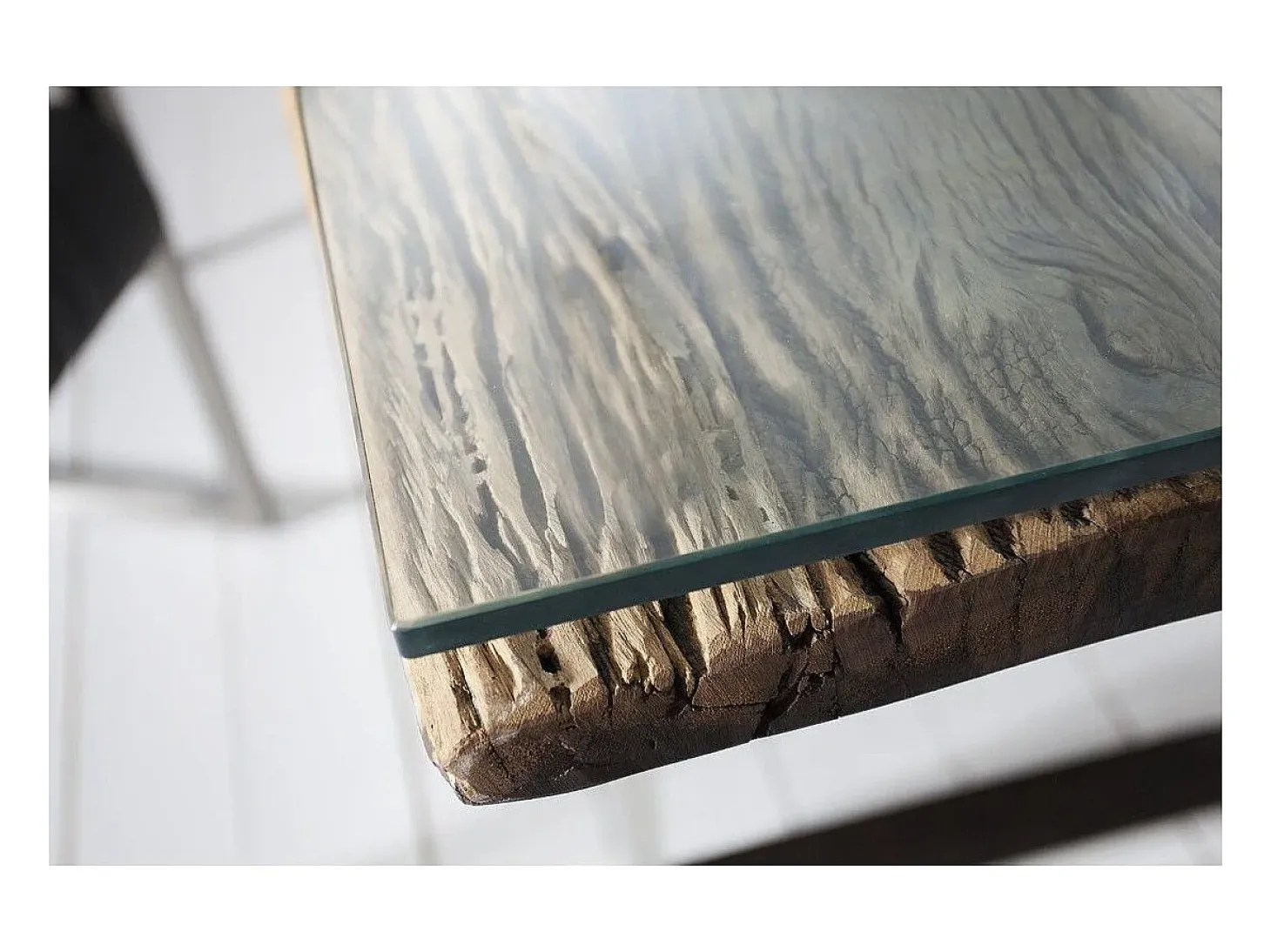 Mesa de comedor RAFTA 180 cm – Tablero de madera reciclada y vidrio templado, estructura de metal