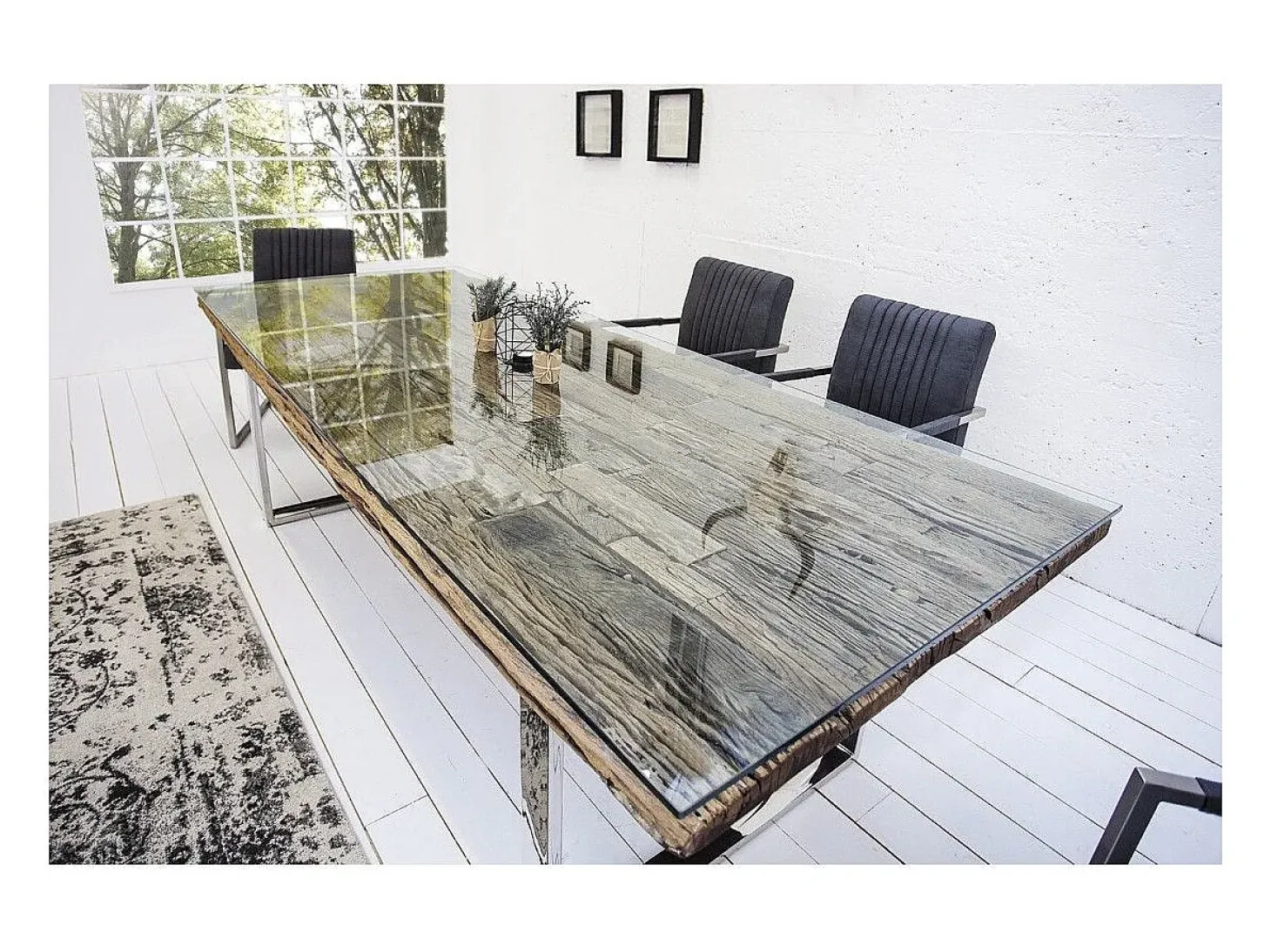 Mesa de comedor RAFTA 180 cm – Tablero de madera reciclada y vidrio templado, estructura de metal