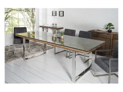 Mesa de comedor RAFTA 180 cm – Tablero de madera reciclada y vidrio templado, estructura de metal