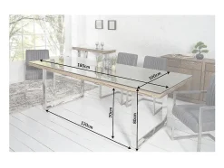 Mesa de comedor RAFTA 180 cm – Tablero de madera reciclada y vidrio templado, estructura de metal