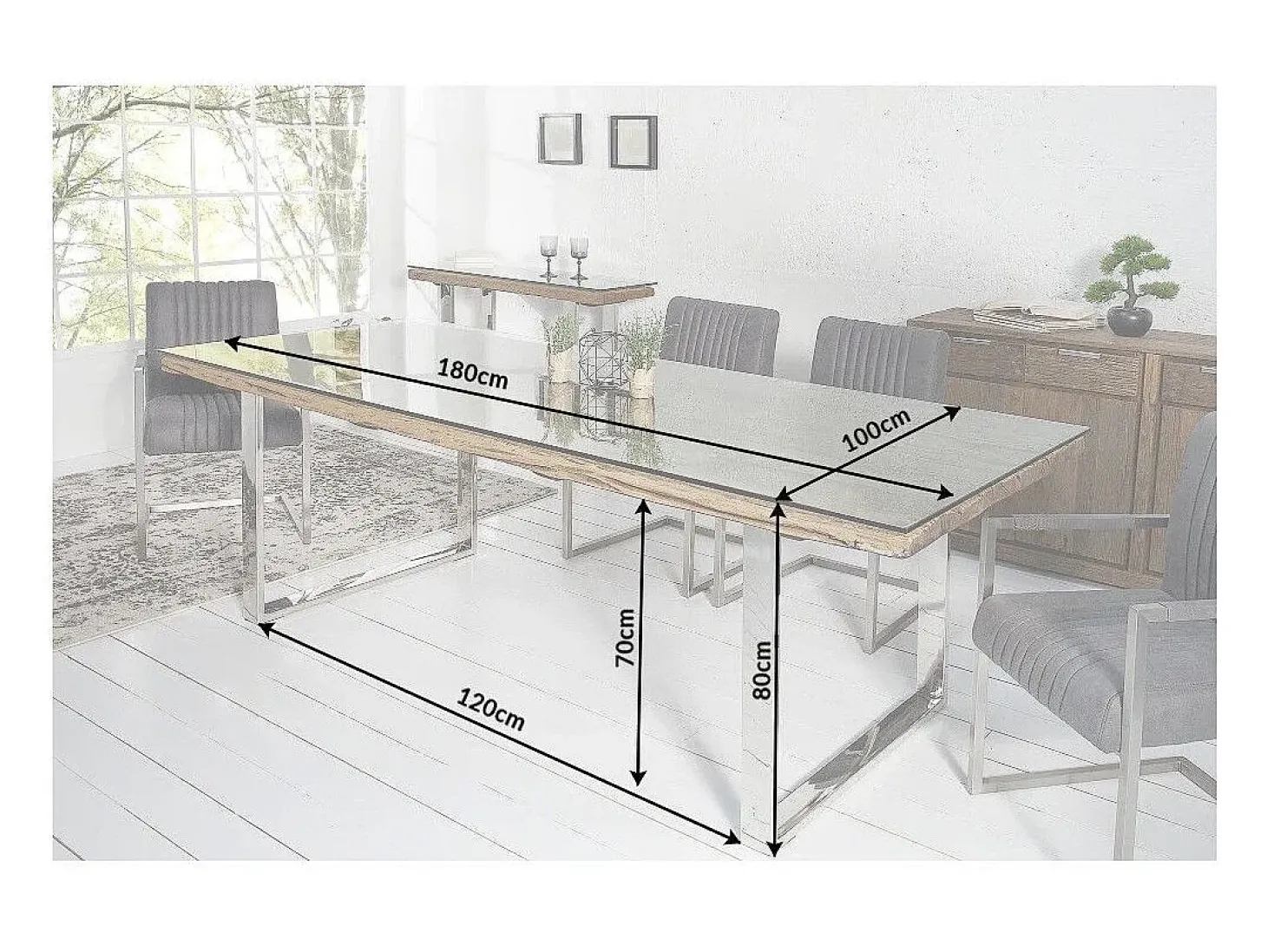 Mesa de comedor RAFTA 180 cm – Tablero de madera reciclada y vidrio templado, estructura de metal