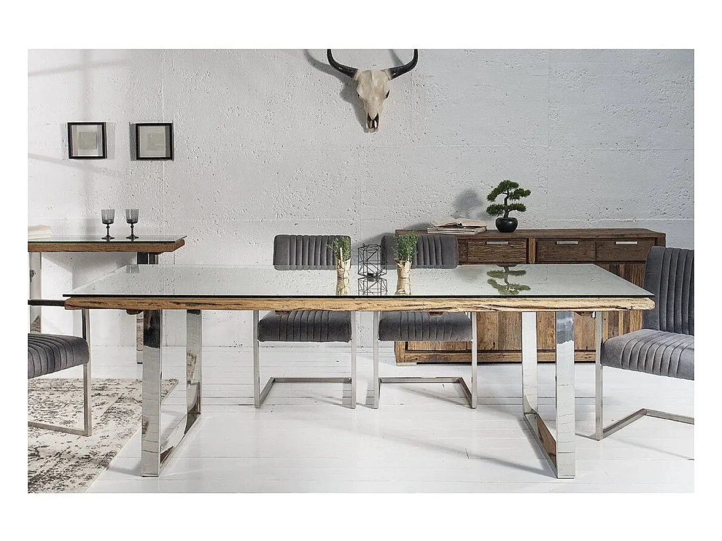 Mesa de comedor RAFTA 180 cm – Tablero de madera reciclada y vidrio templado, estructura de metal