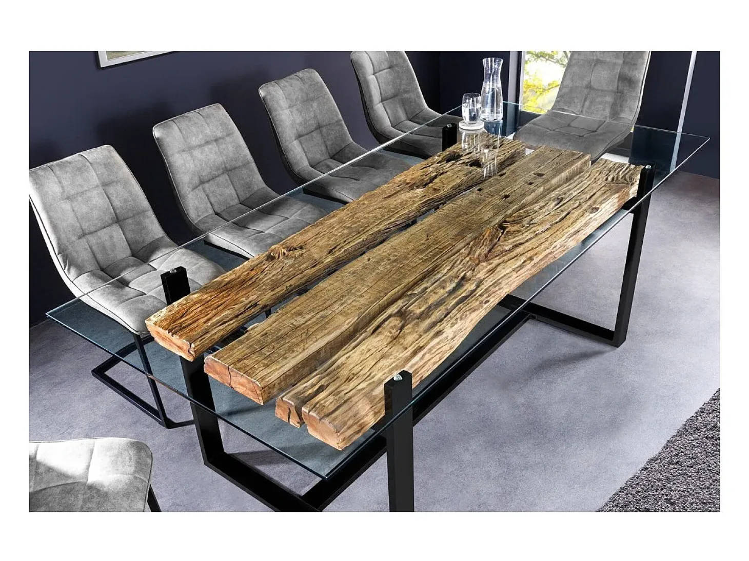 Mesa de comedor RAFTA – Rectangular 220 cm – Madera, metal y vidrio – Estilo industrial