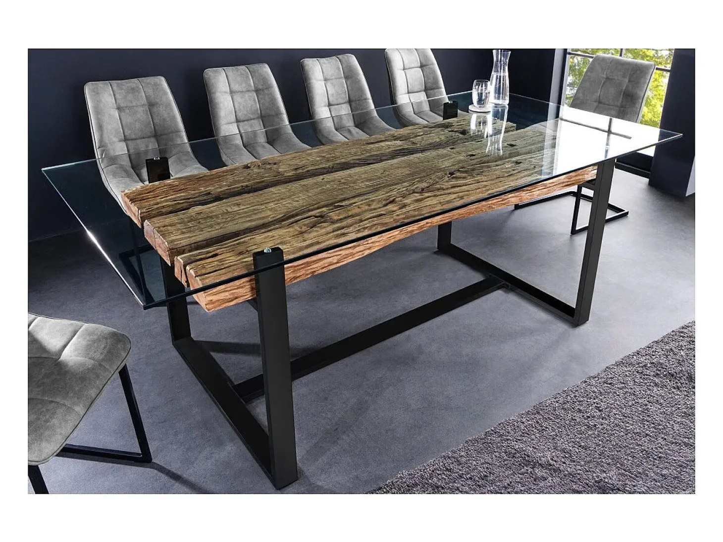 Mesa de comedor RAFTA – Rectangular 220 cm – Madera, metal y vidrio – Estilo industrial