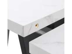 Mesa de comedor rectangular extensible para 4-6 personas, tablero efecto mármol blanco con 2 patas anchas de metal negro - 99/159x74x77cm