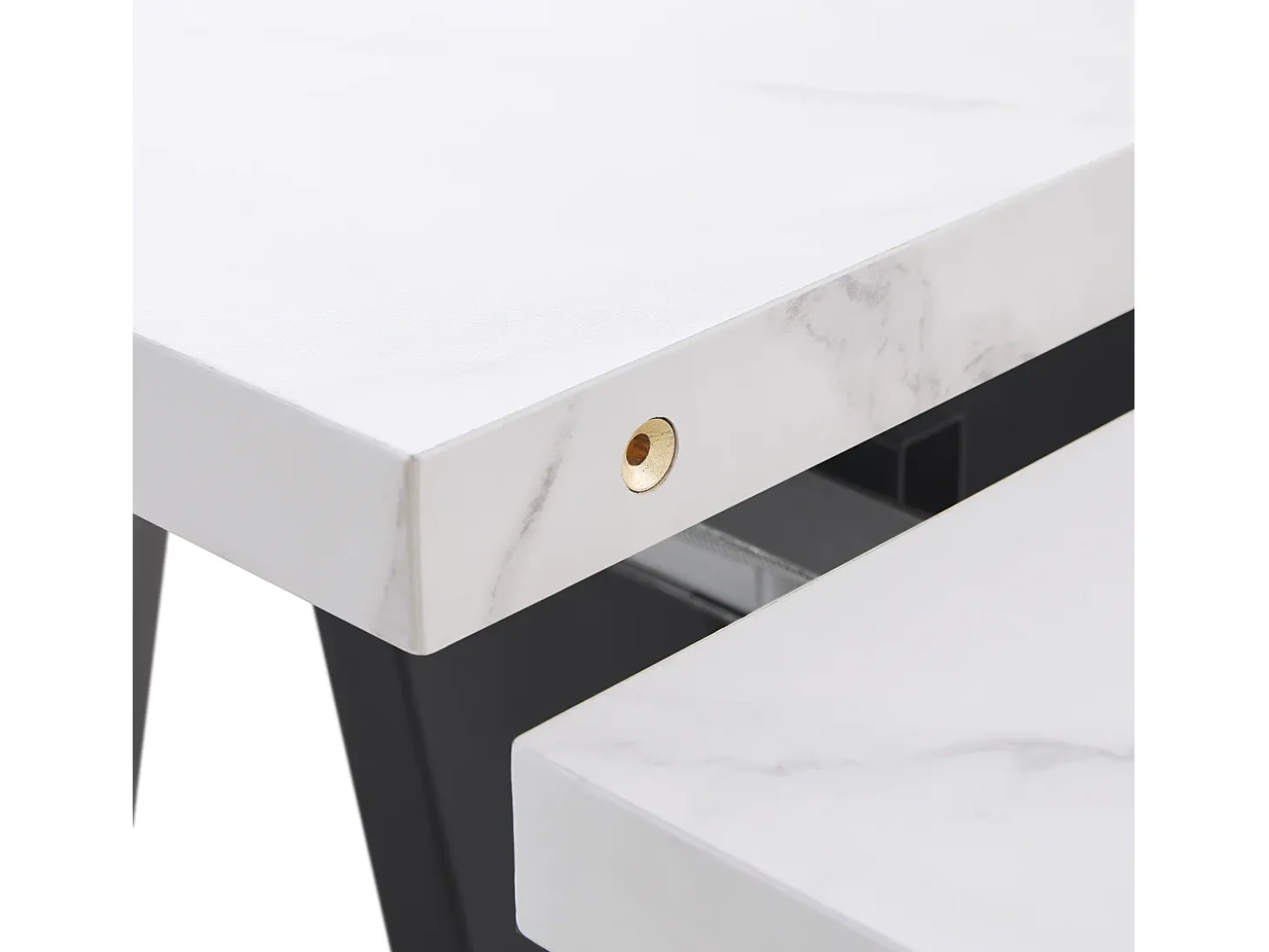 Mesa de comedor rectangular extensible para 4-6 personas, tablero efecto mármol blanco con 2 patas anchas de metal negro - 99/159x74x77cm