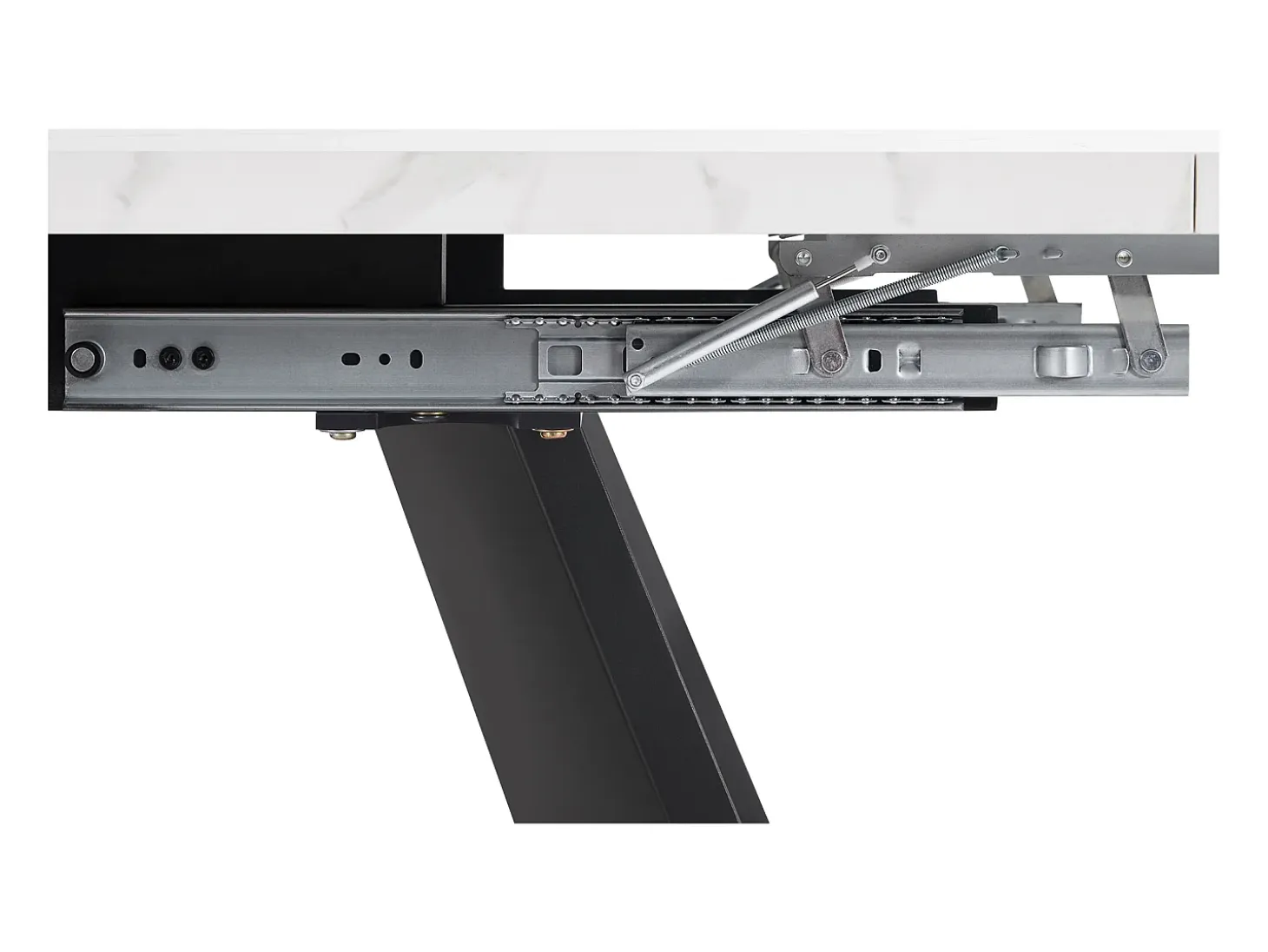 Mesa de comedor rectangular extensible para 4-6 personas, tablero efecto mármol blanco con 2 patas anchas de metal negro - 99/159x74x77cm