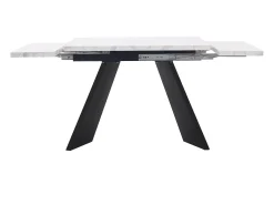 Mesa de comedor rectangular extensible para 4-6 personas, tablero efecto mármol blanco con 2 patas anchas de metal negro - 99/159x74x77cm