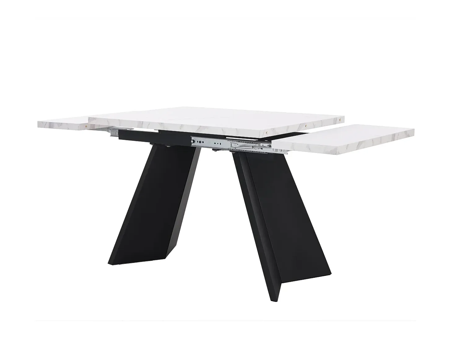 Mesa de comedor rectangular extensible para 4-6 personas, tablero efecto mármol blanco con 2 patas anchas de metal negro - 99/159x74x77cm
