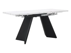 Mesa de comedor rectangular extensible para 4-6 personas, tablero efecto mármol blanco con 2 patas anchas de metal negro - 99/159x74x77cm