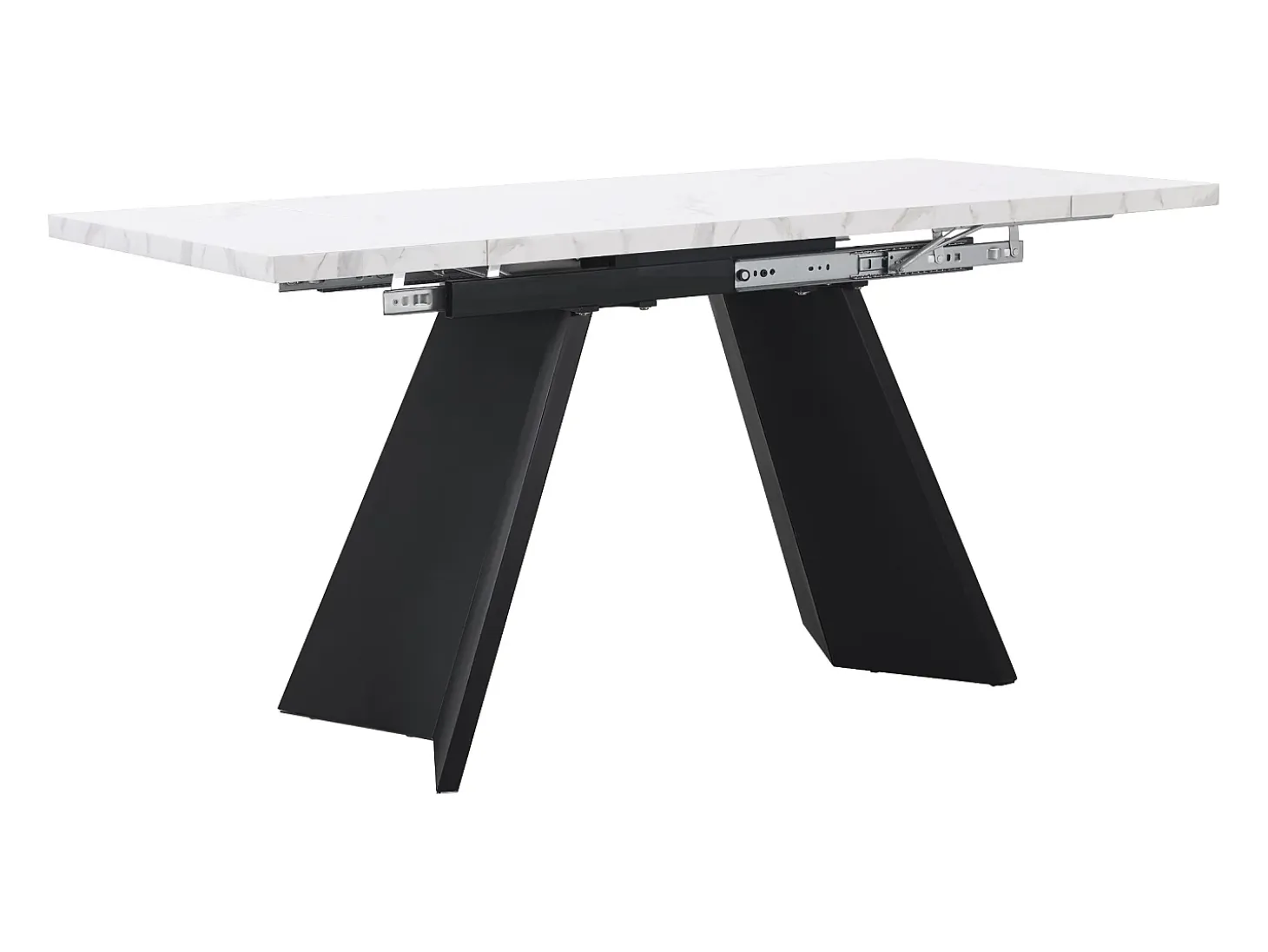 Mesa de comedor rectangular extensible para 4-6 personas, tablero efecto mármol blanco con 2 patas anchas de metal negro - 99/159x74x77cm