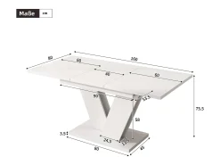 Mesa de comedor rectangular extensible 120-160×80×75,5 cm - para 4 a 6 personas - tablero grueso - patas en V - blanco
