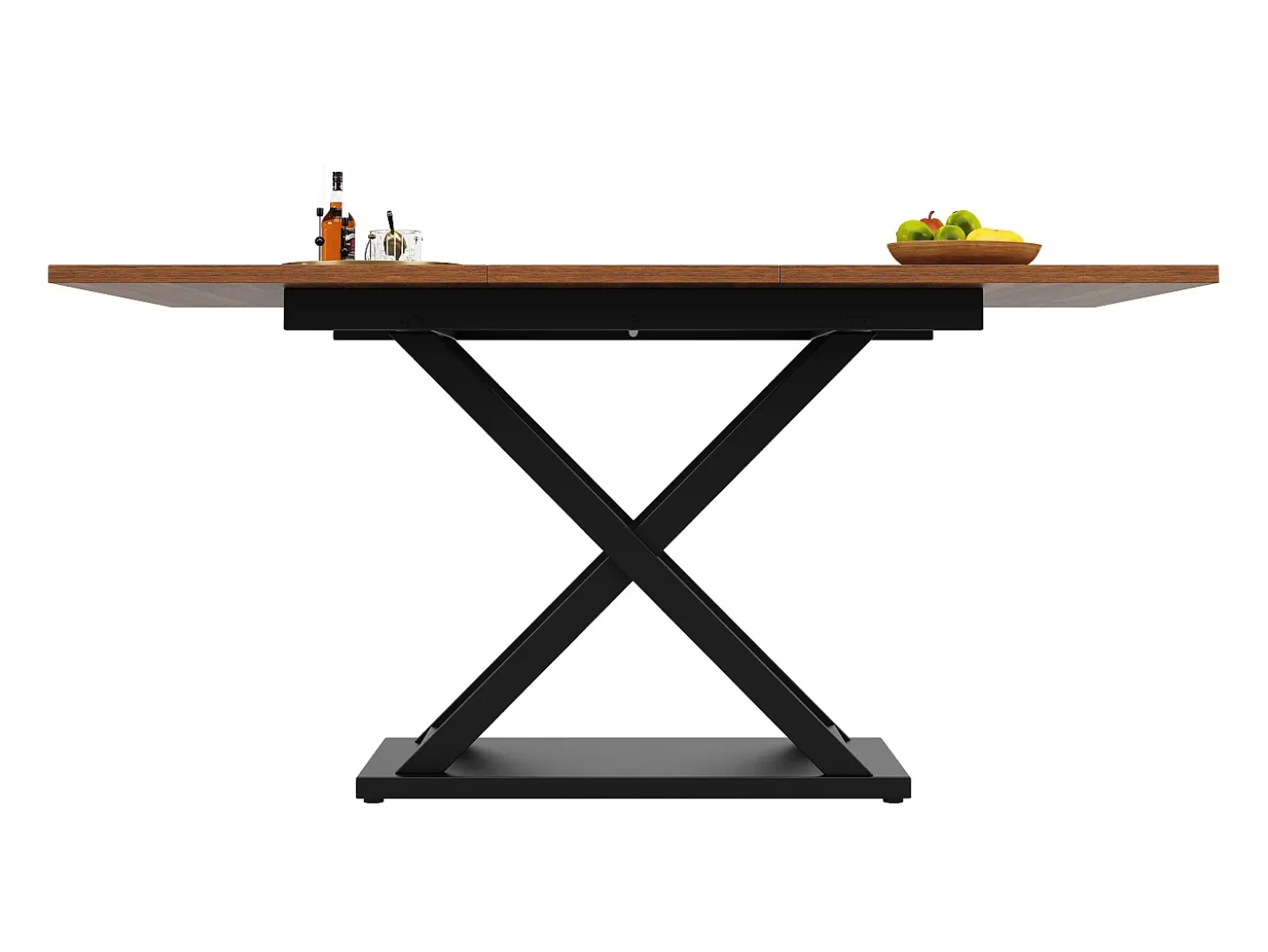 Mesa de comedor rectangular extensible 120-160x80x75cm con tablero chapado en madera imitación madera marrón y patas cruzadas negras