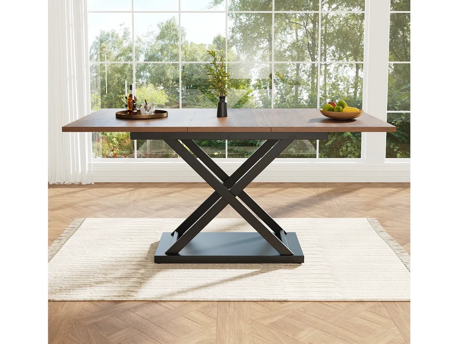 Mesa de comedor rectangular extensible 120-160x80x75cm con tablero chapado en madera imitación madera marrón y patas cruzadas negras