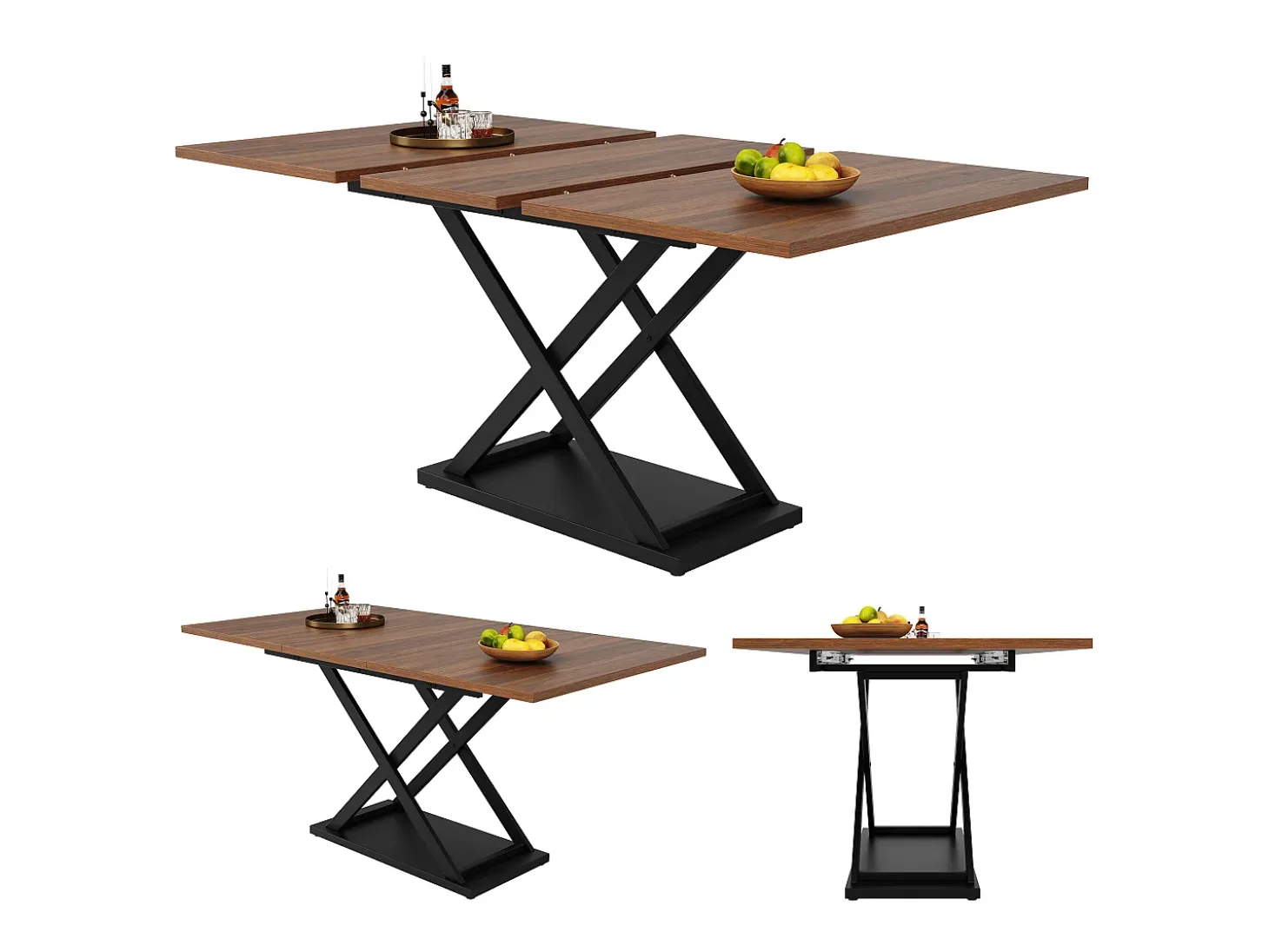 Mesa de comedor rectangular extensible 120-160x80x75cm con tablero chapado en madera imitación madera marrón y patas cruzadas negras