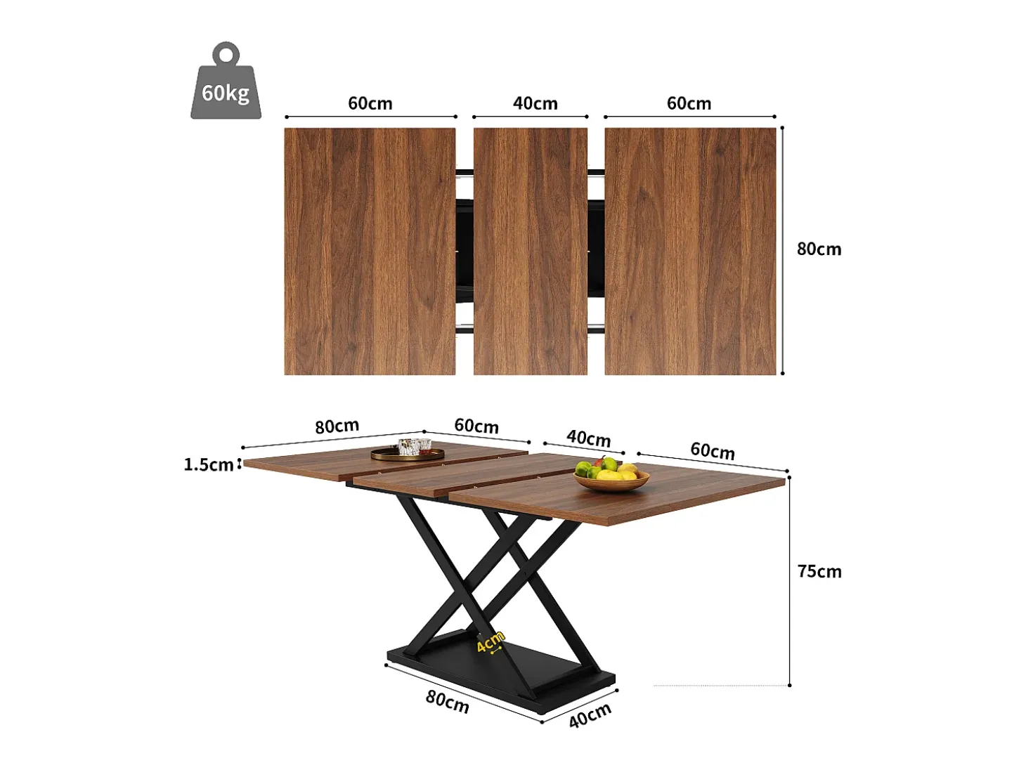 Mesa de comedor rectangular extensible 120-160x80x75cm con tablero chapado en madera imitación madera marrón y patas cruzadas negras