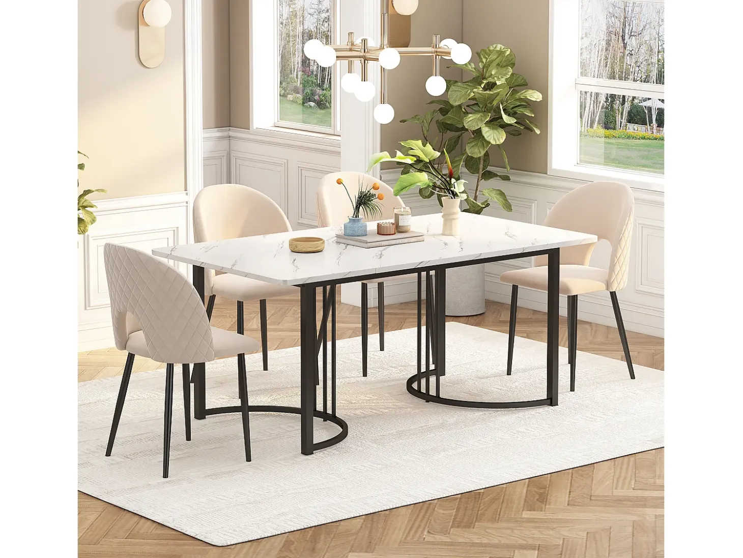 Mesa de Comedor Rectangular 140x80 cm para 6 Personas - Patas Ajustables - Metal y Madera - Blanco/Negro Moderno