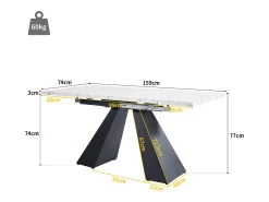 Mesa de comedor rectangular extensible para 4-6 personas, tablero efecto mármol blanco con 2 patas de metal negro - 99/159x74x77cm