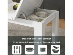 Mesa de comedor rectangular con espacio de almacenamiento, 120 x 70 x 75 cm, MDF, color blanco.