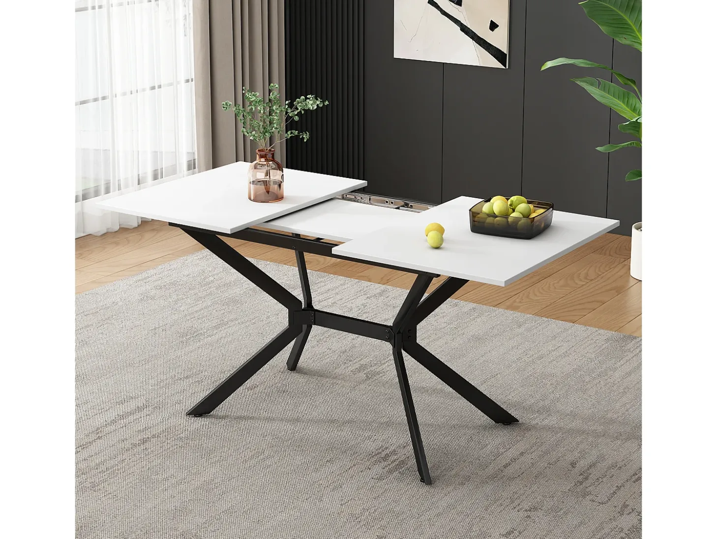 Mesa de comedor rectangular extensible para 4-6 personas en MDF, tablero blanco y patas cruzadas de metal negro - 120/160x80x75cm
