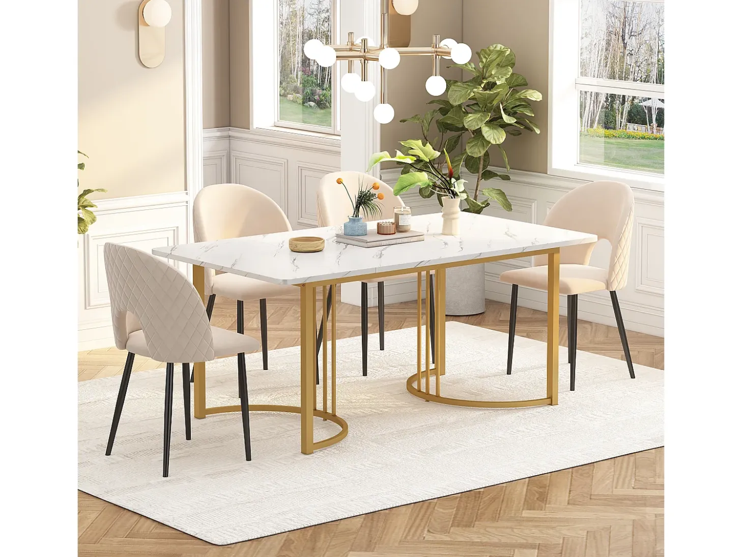 Mesa de Comedor Rectangular 140x80 cm para 6 Personas - Patas Ajustables - Metal y Madera - Blanco/Dorado Moderno