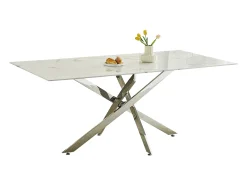 Mesa de comedor rectangular de vidrio templado - Efecto mármol blanco y metal cromado – 6 personas – CHIARA