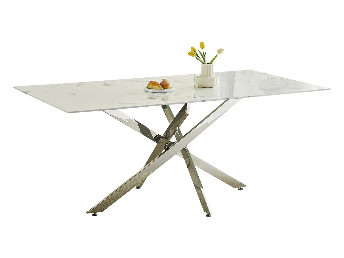 Mesa de comedor rectangular de vidrio templado - Efecto mármol blanco y metal cromado – 6 personas – CHIARA
