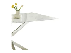 Mesa de comedor rectangular de vidrio templado - Efecto mármol blanco y metal cromado – 6 personas – CHIARA