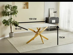 Mesa de comedor rectangular de vidrio templado - Efecto mármol blanco y metal cromado – 6 personas – CHIARA