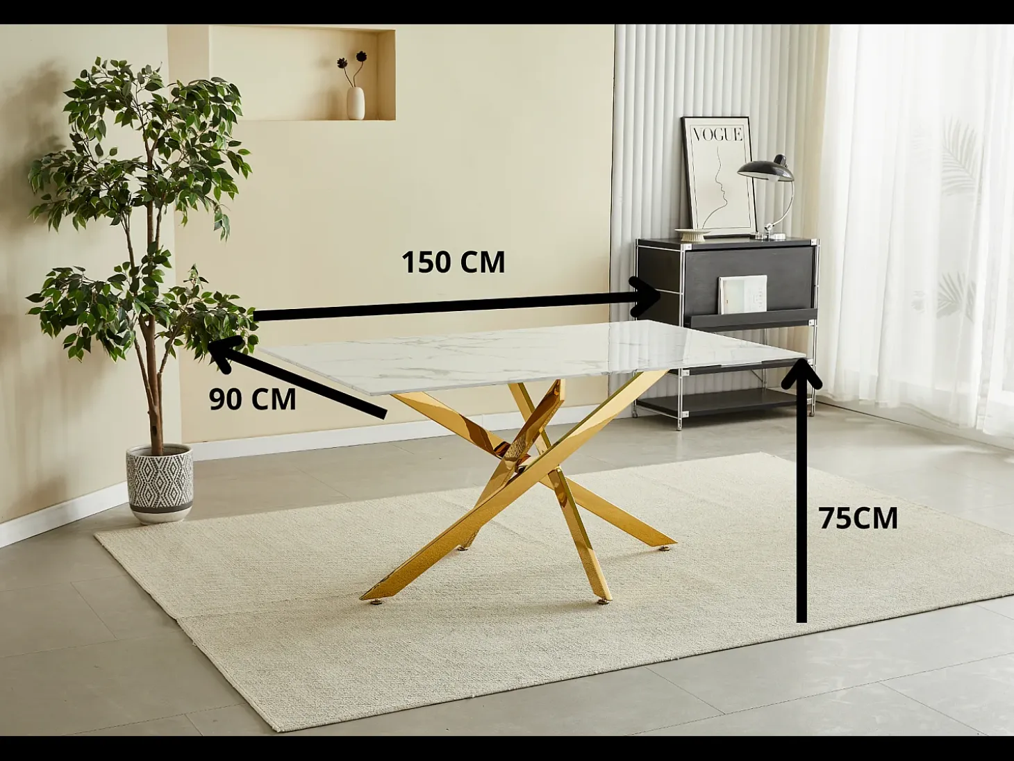 Mesa de comedor rectangular de vidrio templado - Efecto mármol blanco y metal cromado – 6 personas – CHIARA