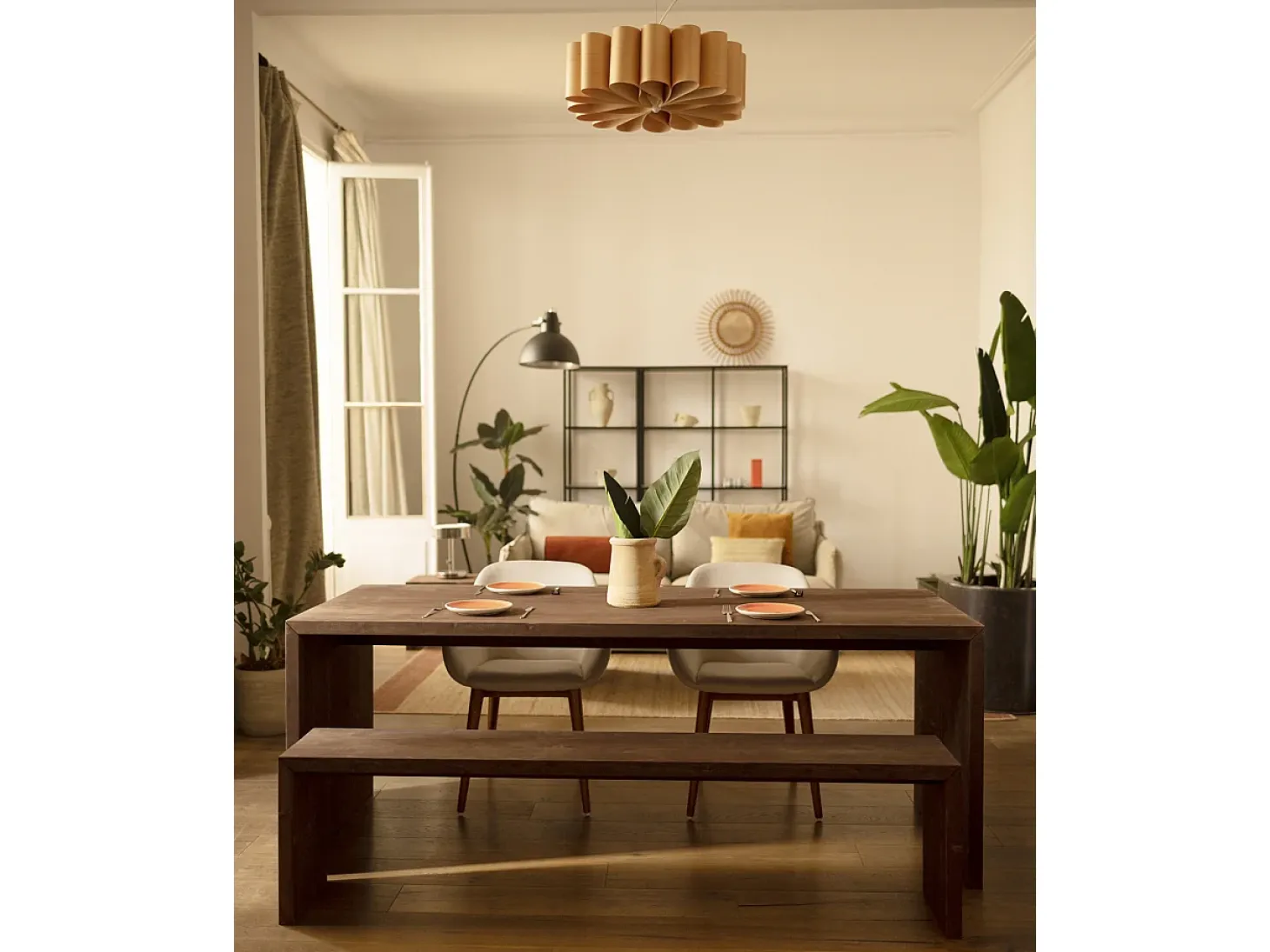 Mesa de comedor rectangular de madera de abeto maciza Decowood en tono nogal de 200x75cm - TELVA - DECOWOOD