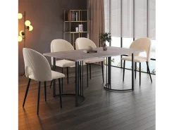Mesa de comedor rectangular de 140x80x75cm con tablero chapado efecto mármol gris y patas de metal negro.