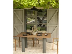 Mesa de comedor rectangular de madera maciza en tono roble oscuro y patas de microcemento en tono verde DECOWOOD de 180x75cm - LUCÍA - DECOWOOD