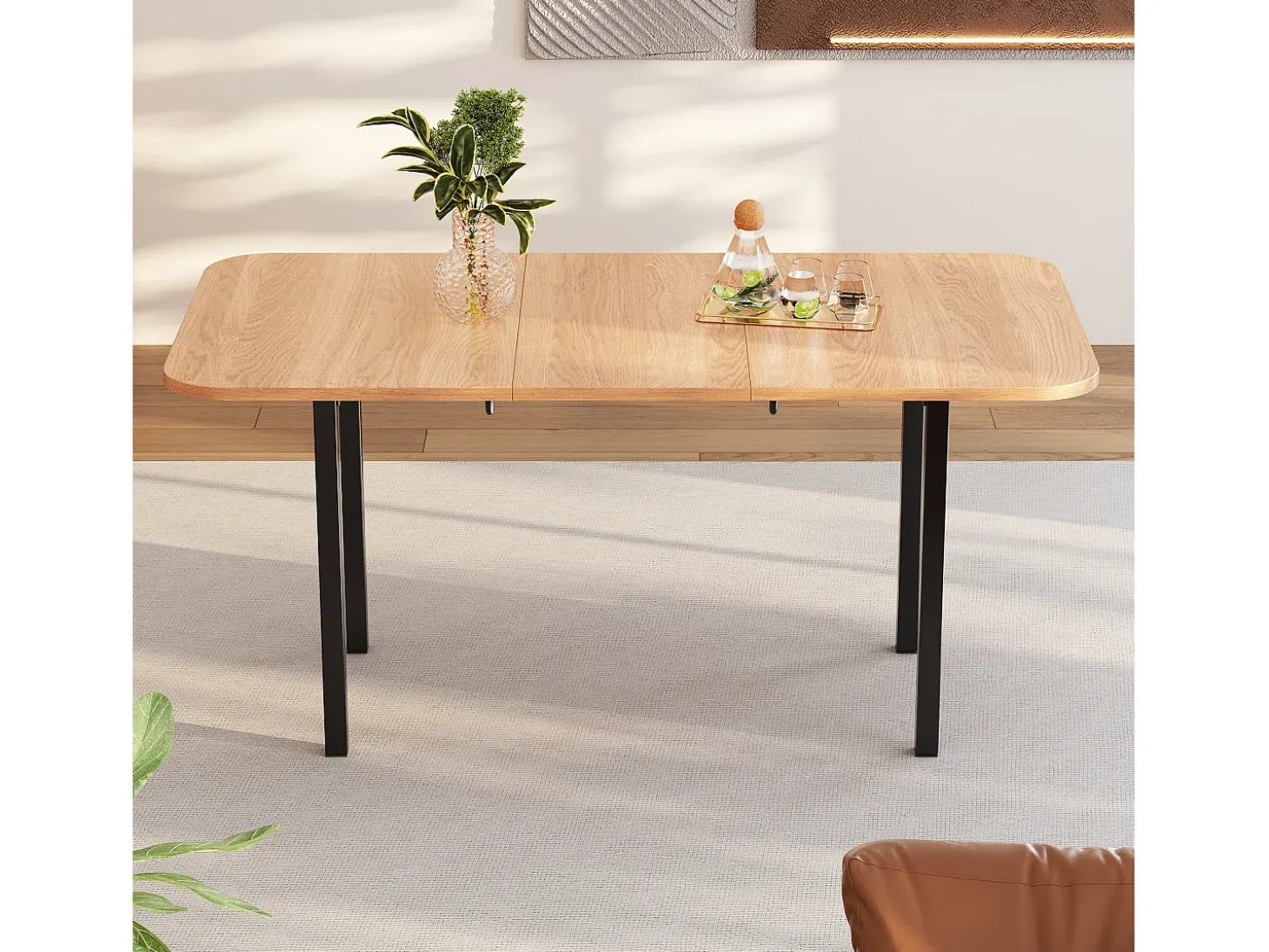 Mesa de comedor rectangular extensible para 4-6 personas en MDF, tablero acabado veta madera natural clara y patas de metal negro - 120/160x80x75cm