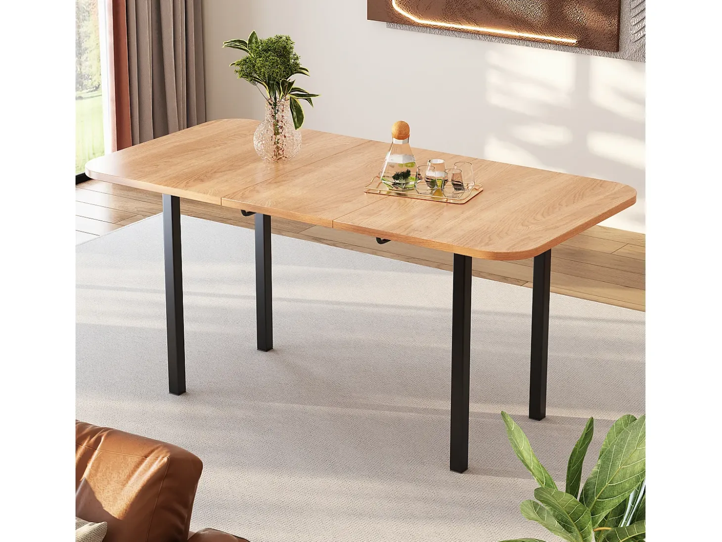 Mesa de comedor rectangular extensible para 4-6 personas en MDF, tablero acabado veta madera natural clara y patas de metal negro - 120/160x80x75cm