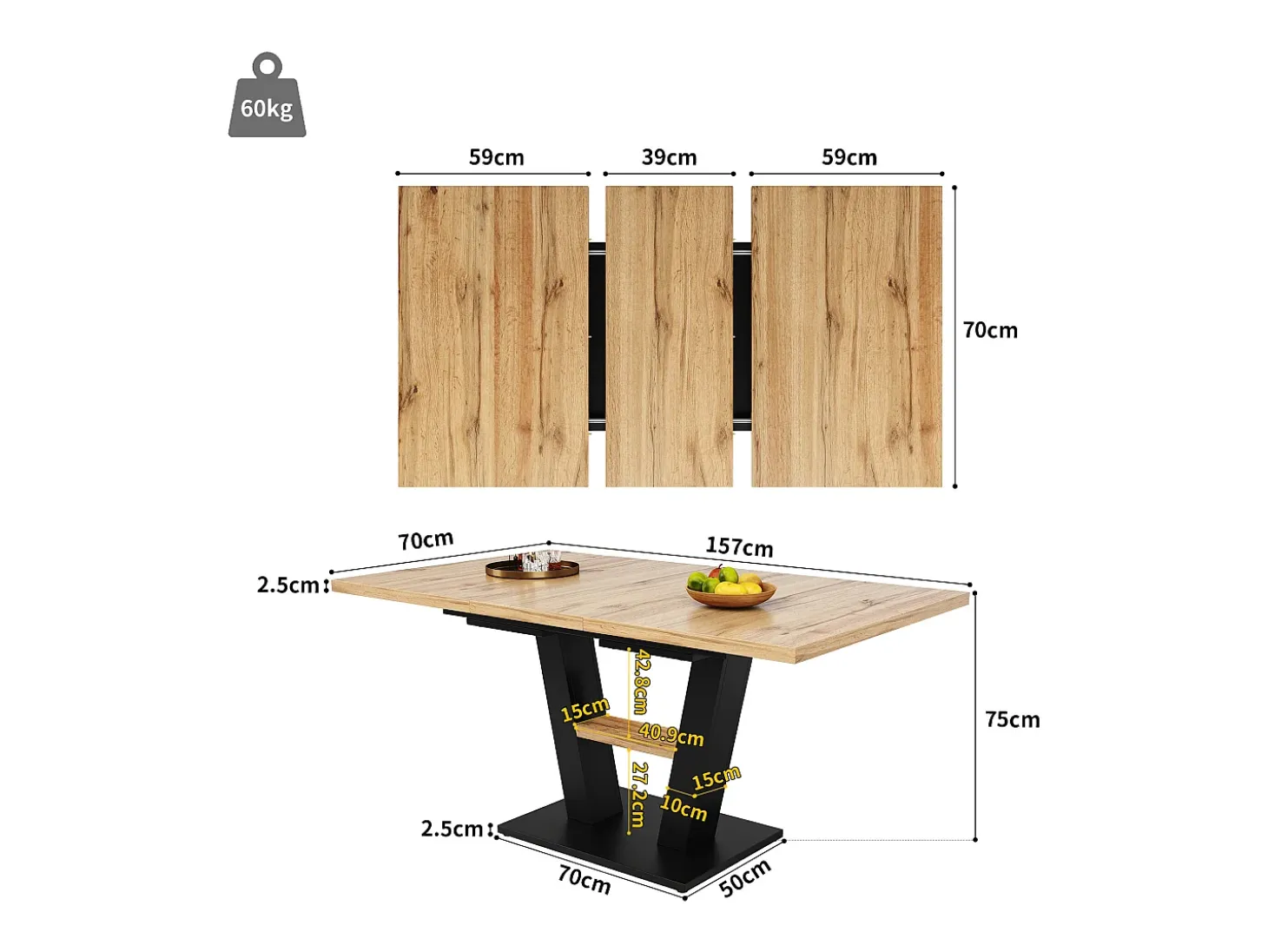 Mesa de comedor rectangular extensible para 4-6 personas, tablero de chapa de madera veta natural clara con patas negras en forma de X - 118/157x70x75cm