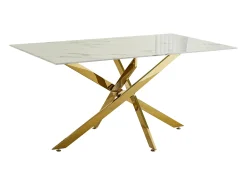Mesa de comedor rectangular de vidrio templado - Efecto mármol blanco y metal dorado – 6 personas – CHIARA