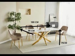 Mesa de comedor rectangular de vidrio templado - Efecto mármol blanco y metal negro – 8 personas – CHIARA