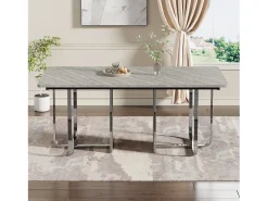 Mesa de comedor rectangular con tablero gris y estructura de metal plateado – Para 6 a 8 personas