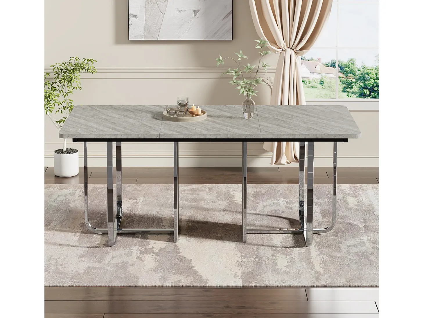Mesa de comedor rectangular con tablero gris y estructura de metal plateado – Para 6 a 8 personas