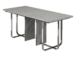 Mesa de comedor rectangular con tablero gris y estructura de metal plateado – Para 6 a 8 personas