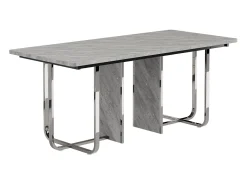 Mesa de comedor rectangular con tablero gris y estructura de metal plateado – Para 6 a 8 personas