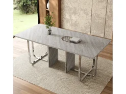 Mesa de comedor rectangular con tablero gris y estructura de metal plateado – Para 6 a 8 personas