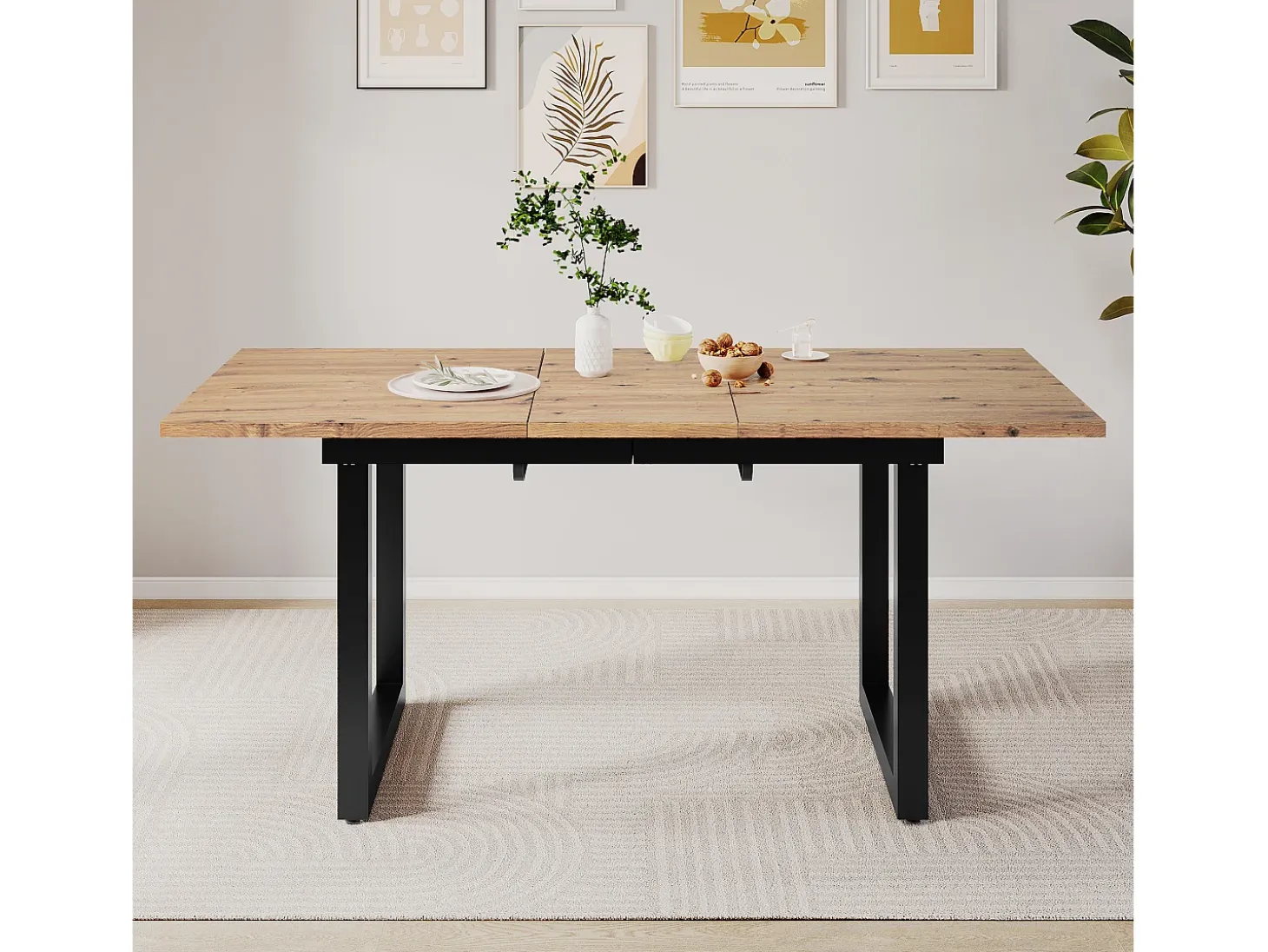 Mesa de comedor rectangular - con tapa retráctil de roble - patas de metal negro - para comedor y sala de estar