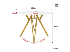 Mesa de comedor redonda - Estructura de metal - Chapado con diseño de mármol - 4 personas - MDF - Blanco y Dorado