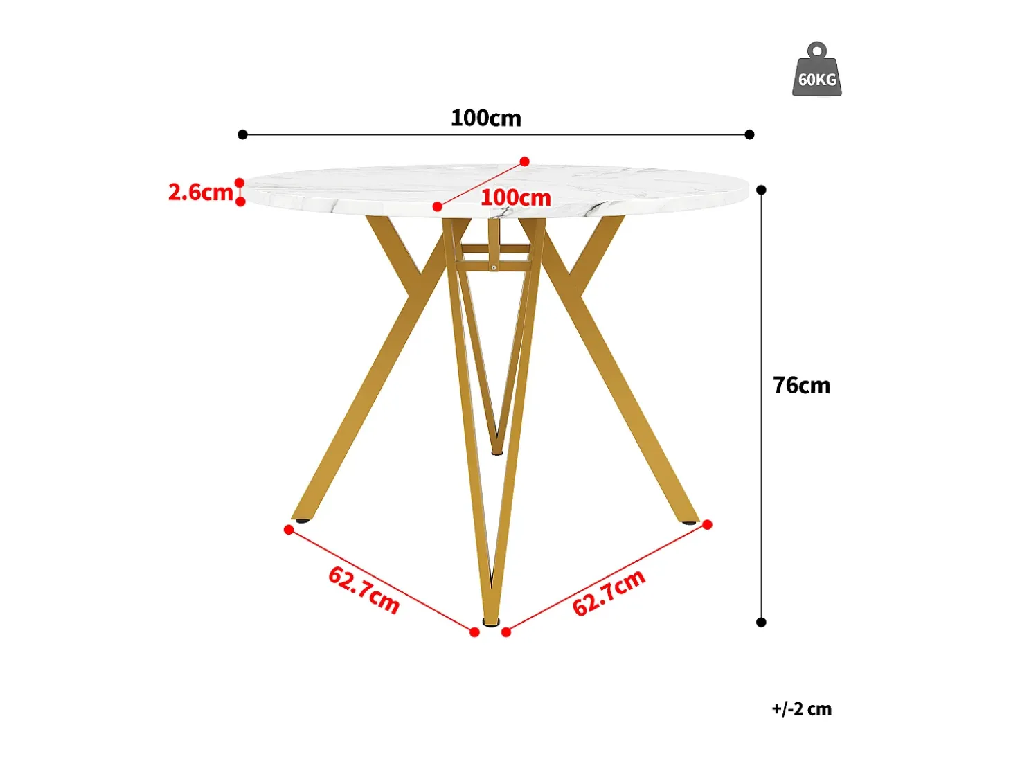 Mesa de comedor redonda - Estructura de metal - Chapado con diseño de mármol - 4 personas - MDF - Blanco y Dorado