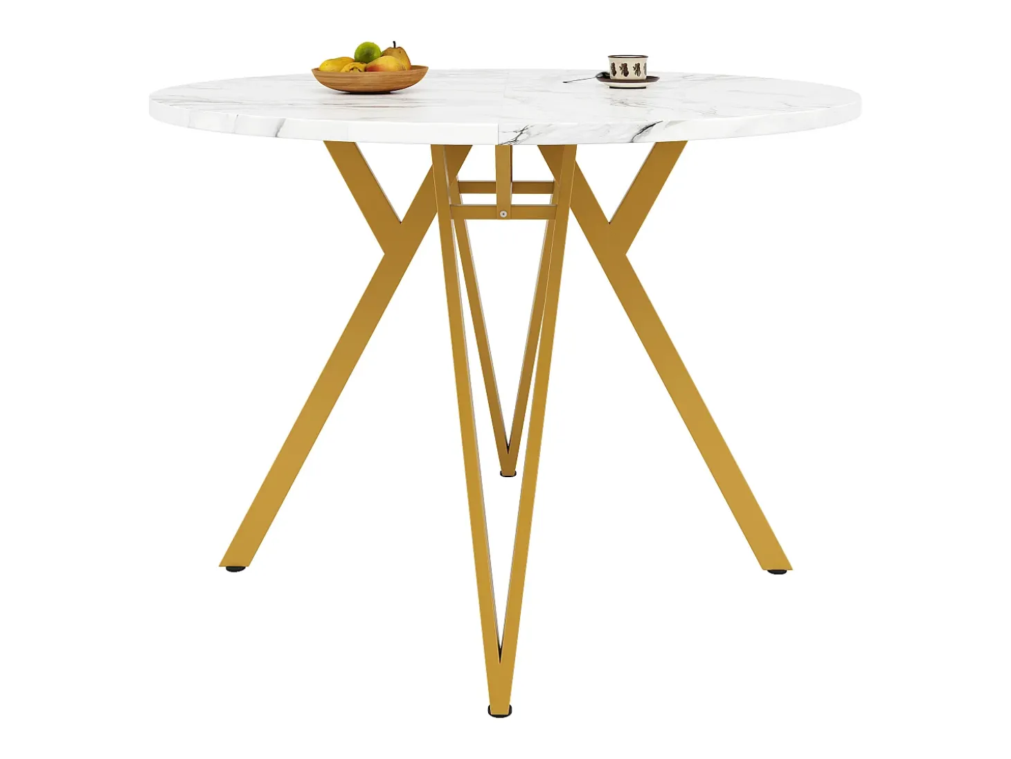 Mesa de comedor redonda - Estructura de metal - Chapado con diseño de mármol - 4 personas - MDF - Blanco y Dorado